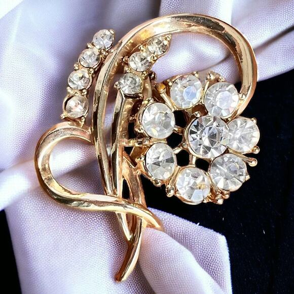 Vtg Coro Flower Brooch Gold Tone Clear Rhinestones Classic Signed Floral Pin Mom - Picture 12 of 12